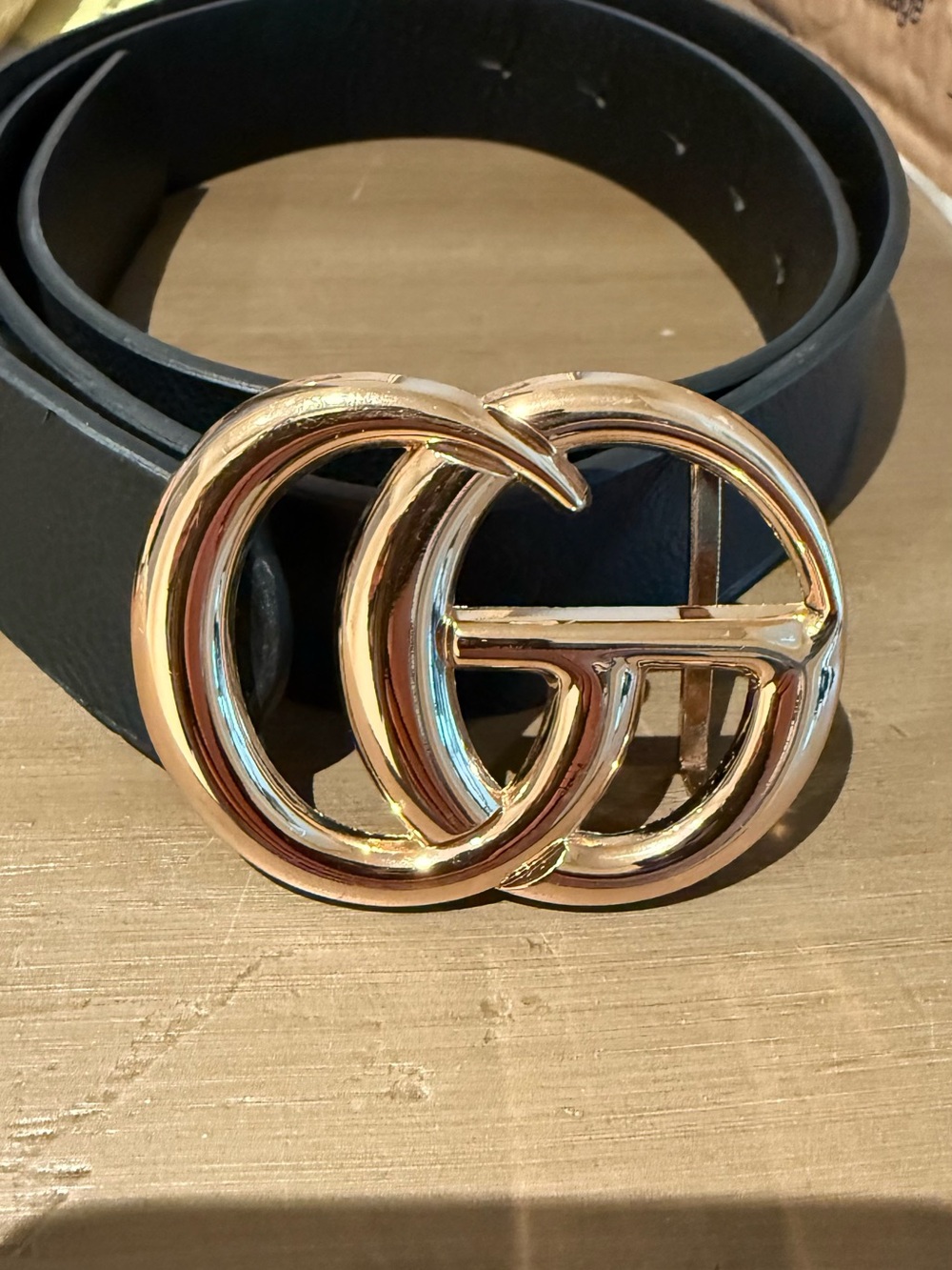 Black Leather Belt with Gold Double-G Buckle Gucci style